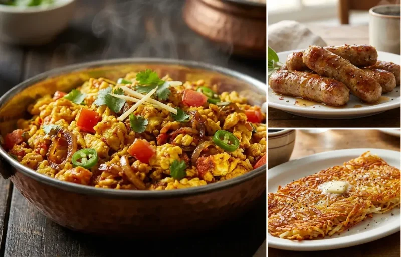 Anda Bhurji with Breakfast Sausage Links and Hash Browns