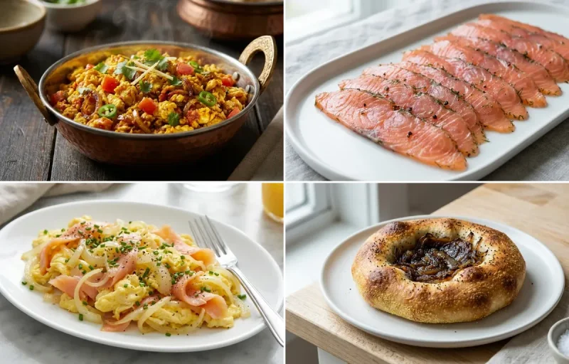 Anda Bhurji with Cured Lox, Lox Eggs and Onions and Bialys with Onion Filling