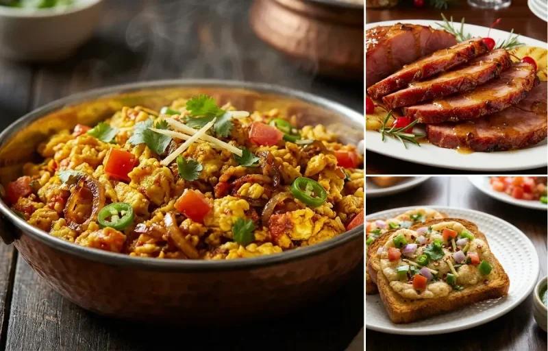 Anda Bhurji with Glazed Ham Slices and Suji Toast