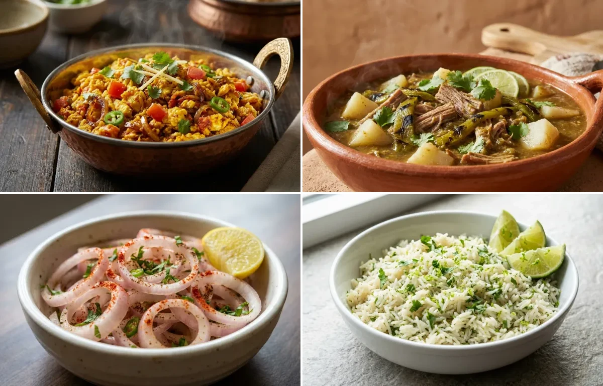 Anda Bhurji with Green Chile Stew, Laccha Pyaaz, Cilantro Lime Rice and Corn Tortillas