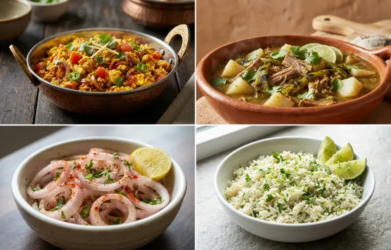 Anda Bhurji with Green Chile Stew, Laccha Pyaaz, Cilantro Lime Rice and Corn Tortillas