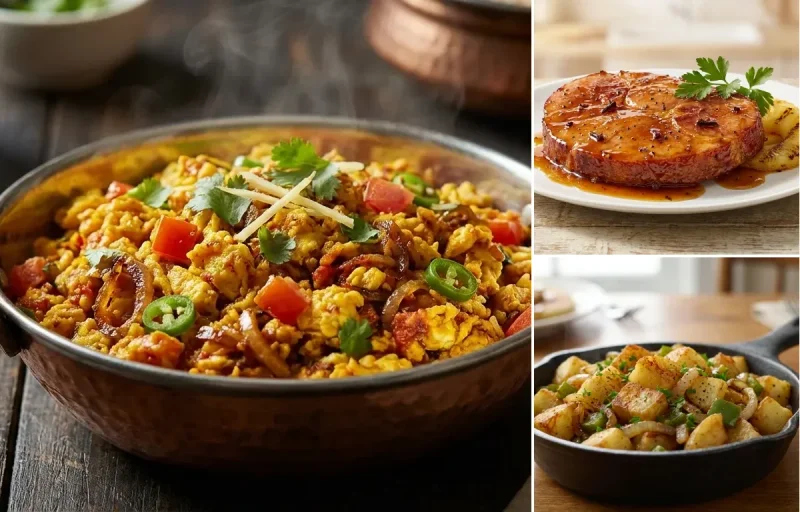 Anda Bhurji with Ham Steak with Brown Sugar Glaze and Home Fries