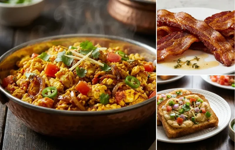 Anda Bhurji with Pan-Fried Bacon and Suji Toast