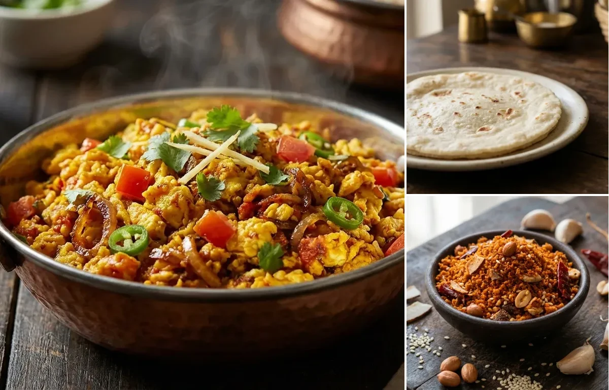 Anda Bhurji with Rice Bhakri and Dry Garlic Chutney