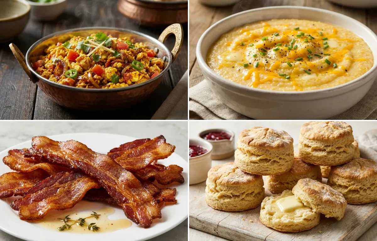 Anda Bhurji with Southern Grits, Pan-Fried Bacon and Buttermilk Biscuits