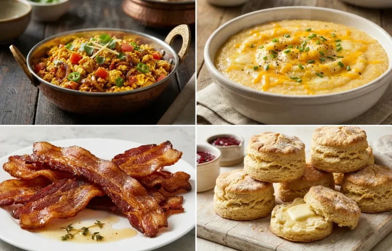 Anda Bhurji with Southern Grits, Pan-Fried Bacon and Buttermilk Biscuits