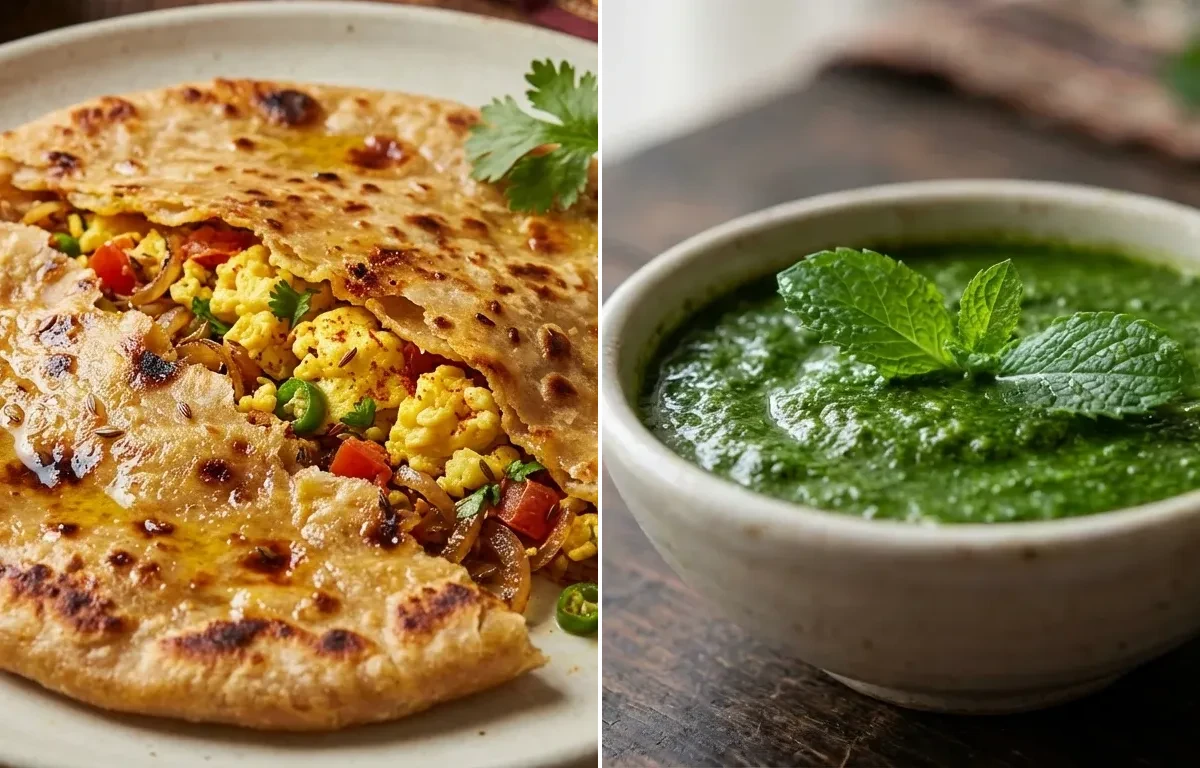 Anda Bhurji Stuffed Paratha with Mint Chutney