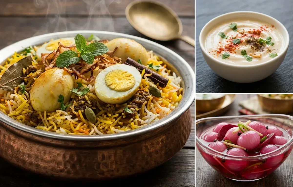 Anda Biryani with Burani Raita and Sirke Wale Pyaaz