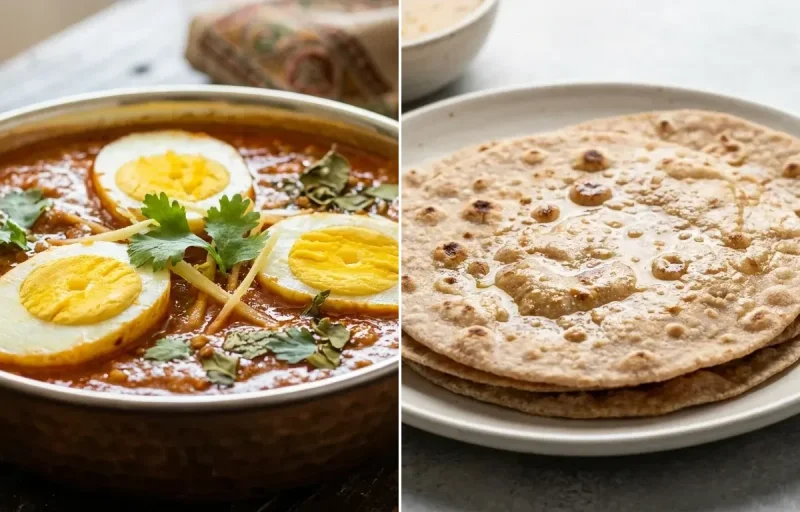 Anda Curry with No-Salt Whole Wheat Roti and Lassi Sweet