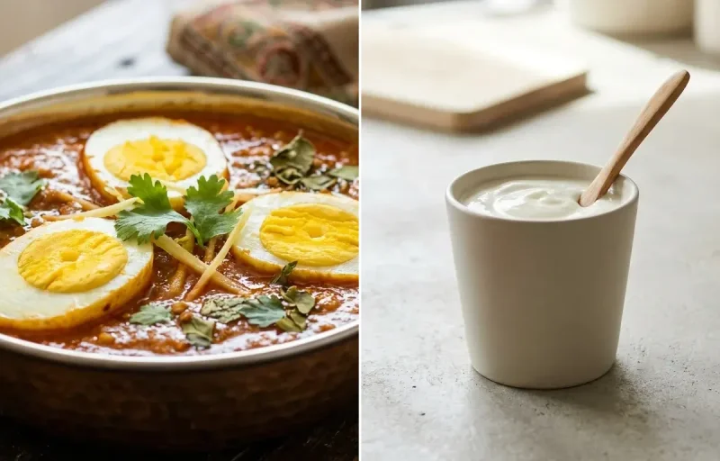 Anda Curry with Phulka Plate and Plain Yogurt Cup
