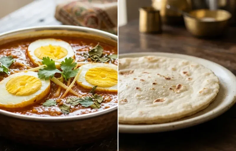 Anda Curry with Rice Bhakri