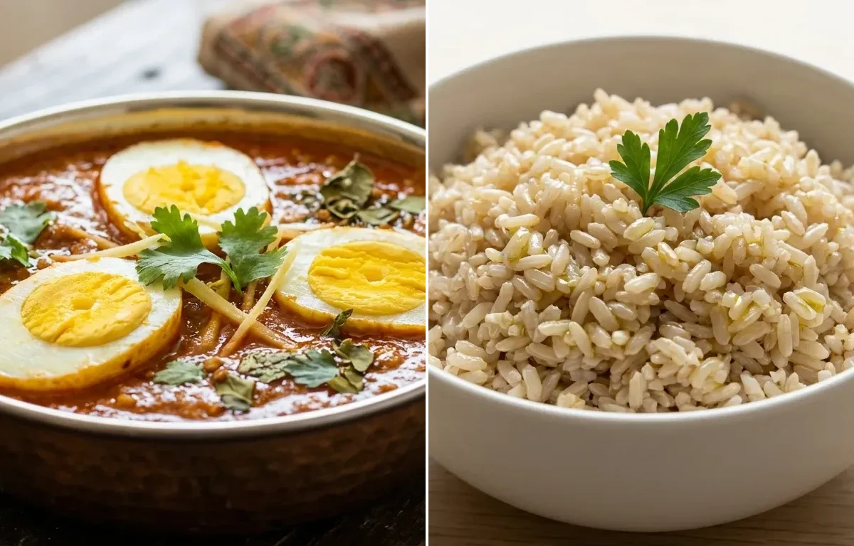 Anda Curry with Steamed Steamed White Rice and Cucumber Carrot Sticks With Mint Yogurt Dip