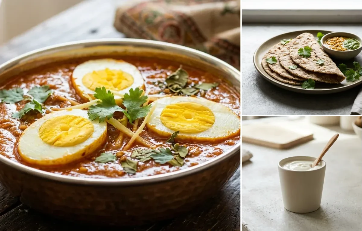 Anda Curry with Vegan Jowar Roti and Plain Yogurt Cup