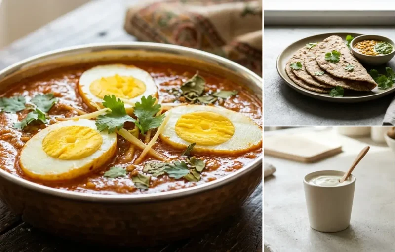 Anda Curry with Vegan Jowar Roti and Plain Yogurt Cup