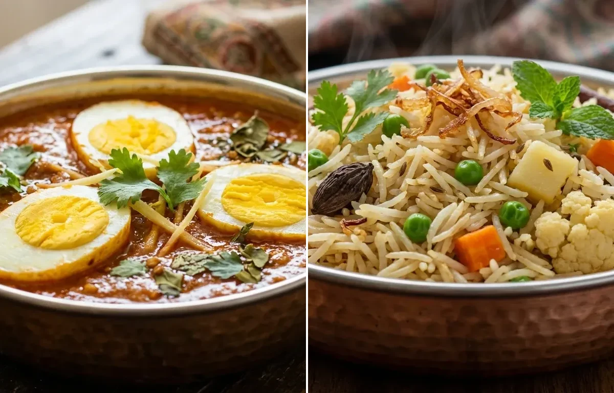 Anda Curry with Vegetable Yakhni Pulao