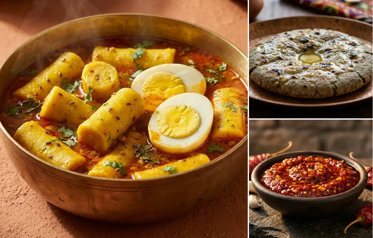 Anda Gatte ki Sabzi with Bajra Roti and Lehsun Chutney