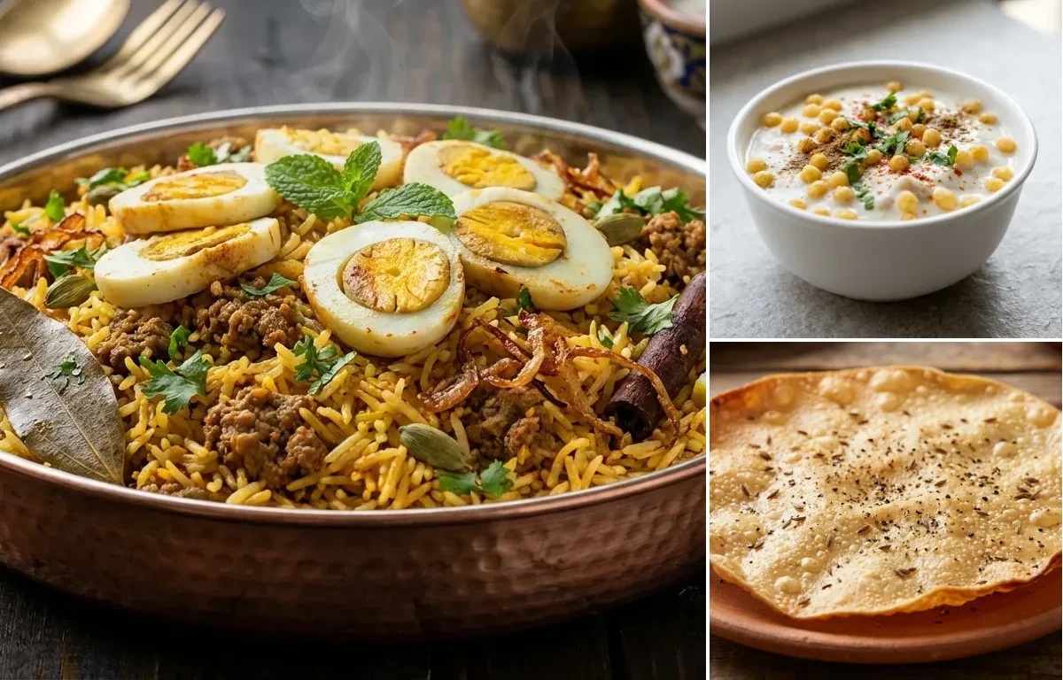 Anda Keema Pulao with Boondi Raita and Papad