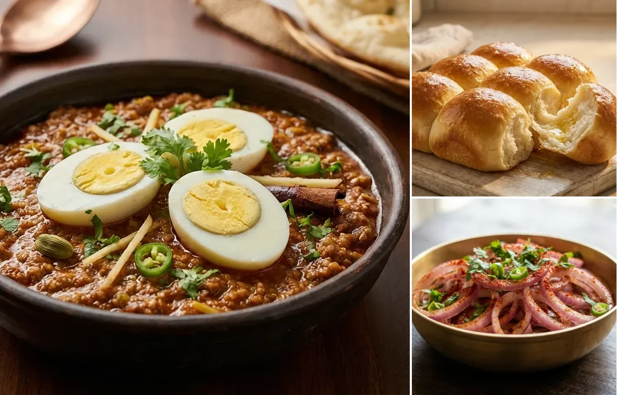 Anda Kheema with Ladi Pav and Onion Salad