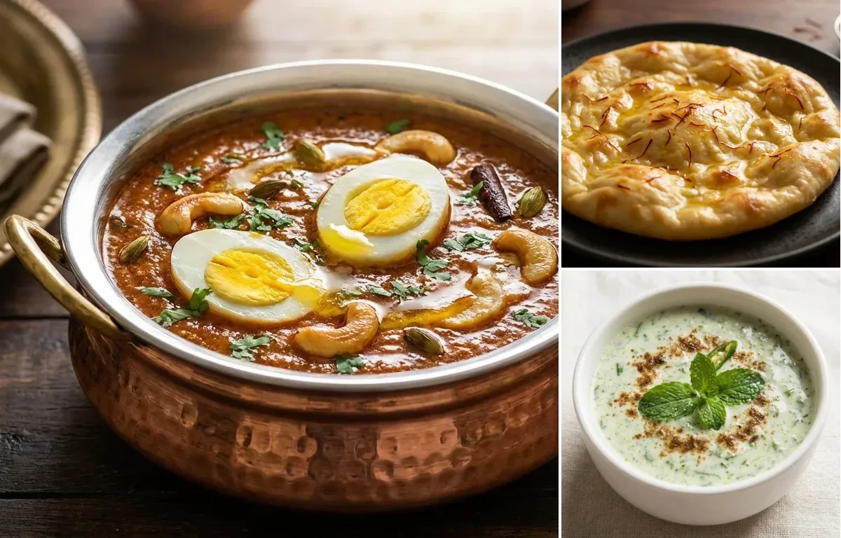 Anda Korma with Saffron Sheermal and Mint Raita