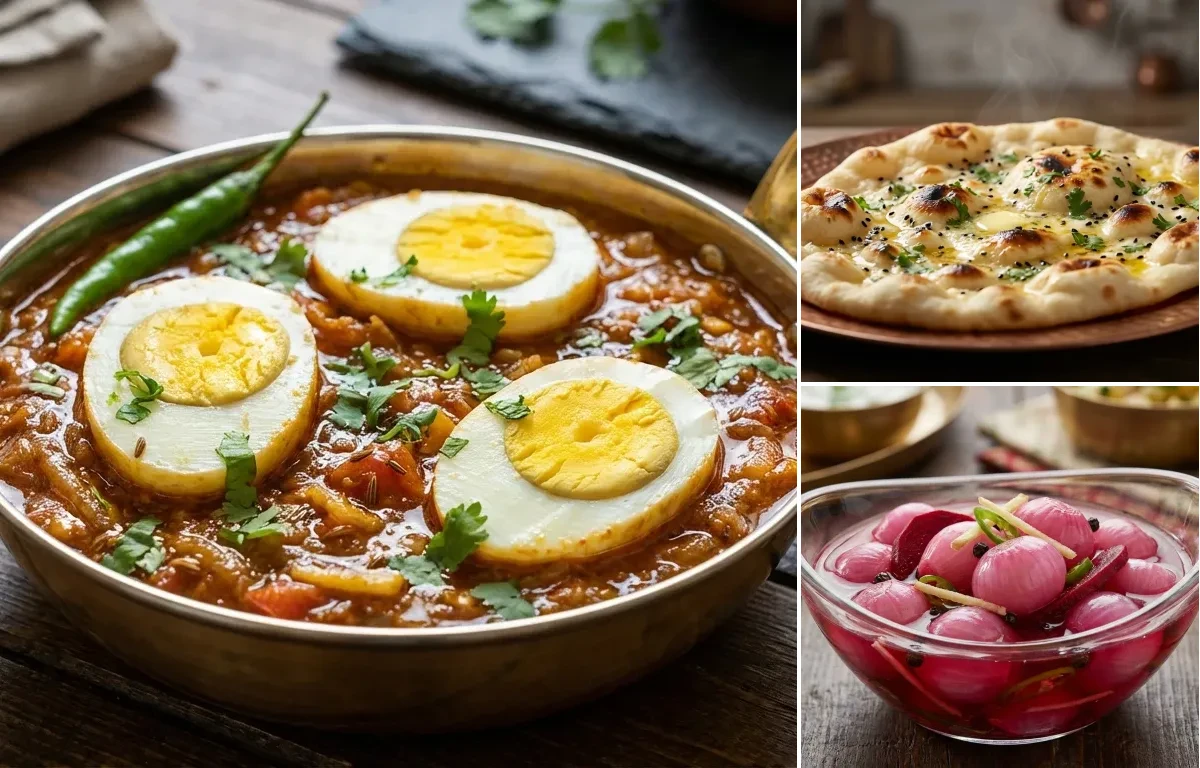 Anda Masala with Butter Naan and Sirke Wale Pyaaz
