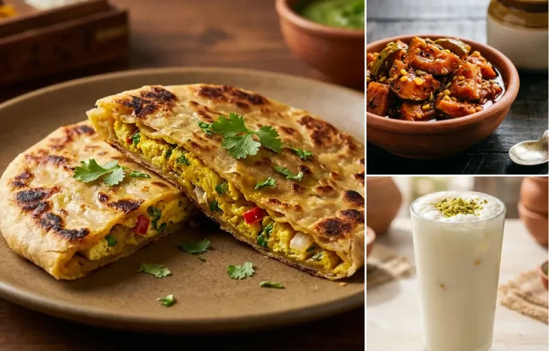 Anda Paratha with Mango Pickle and Sweet Lassi