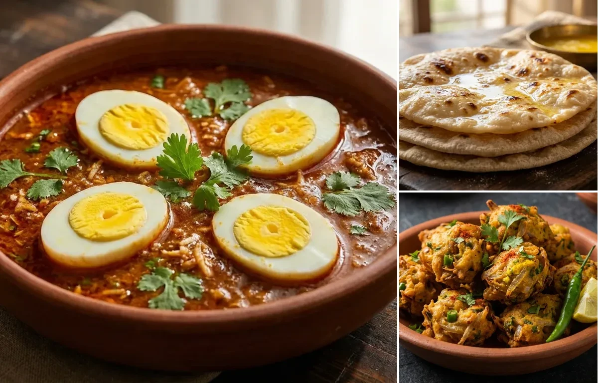 Anda Rassa with Chapati and Kanda Bhaji