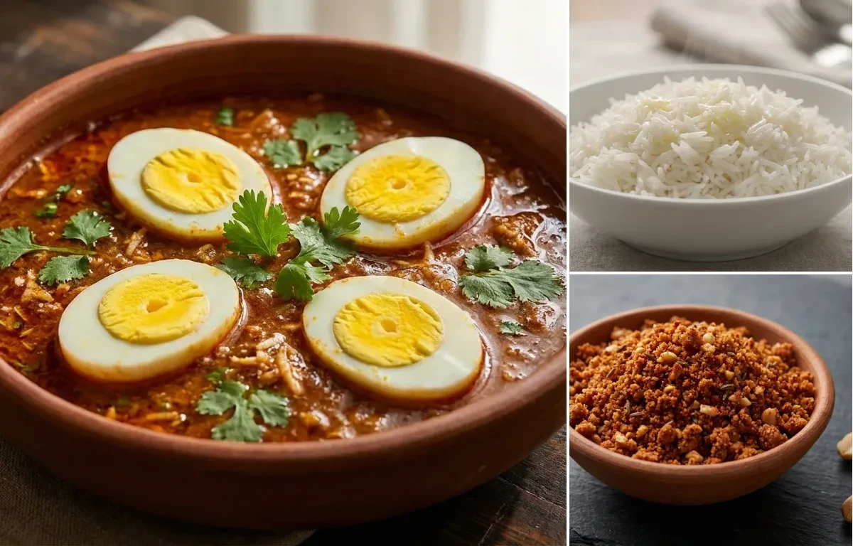 Anda Rassa with Steamed Basmati Rice and Shengdana Chutney