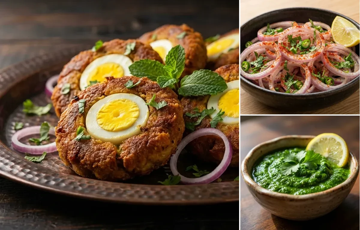 Anda Shami Kebab with Laccha Onion Salad and Coriander Chutney