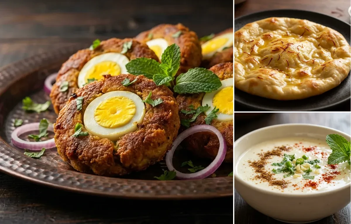 Anda Shami Kebab with Saffron Sheermal and Burhani Raita