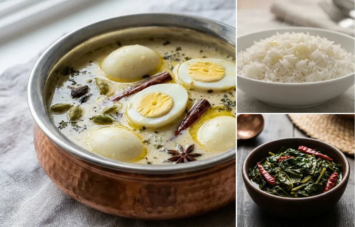 Anda Yakhni with Steamed Basmati Rice and Haak Saag