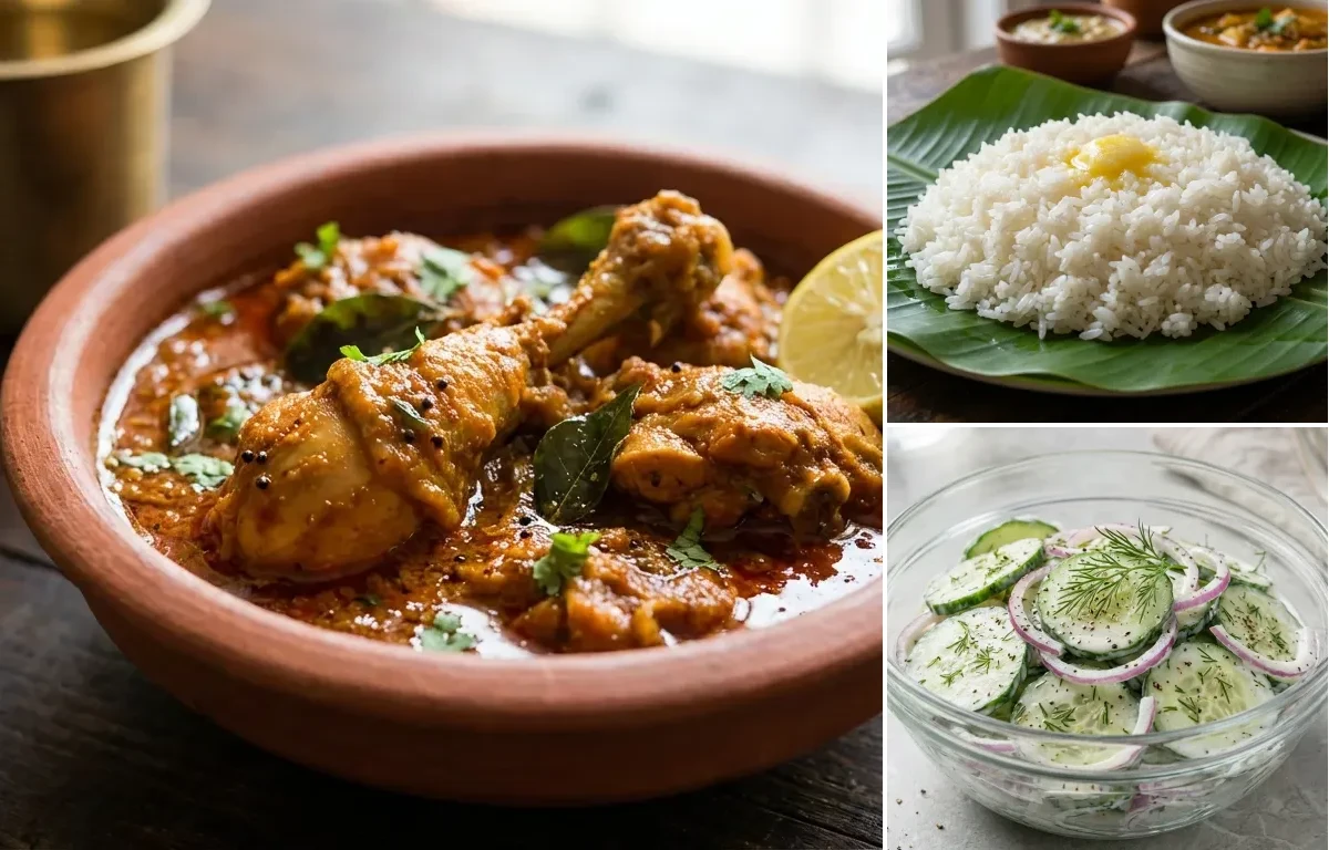 Andhra Chicken Curry with Steamed Rice with Cucumber Salad