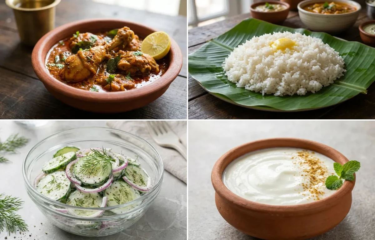 Andhra Chicken Curry with Steamed Rice with Cucumber Salad with Dahi