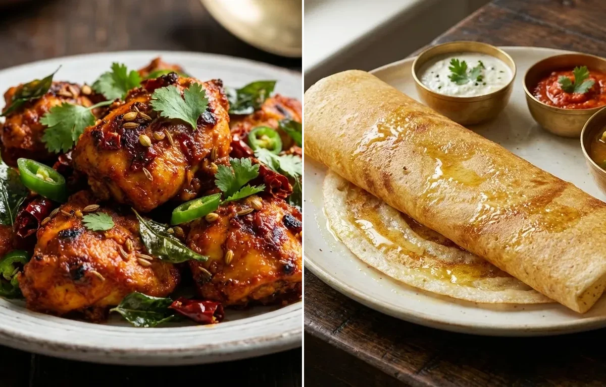 Andhra Chicken Fry with Ghee Dosa