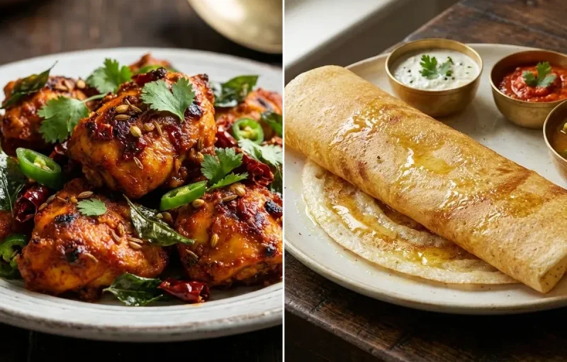 Andhra Chicken Fry with Ghee Dosa