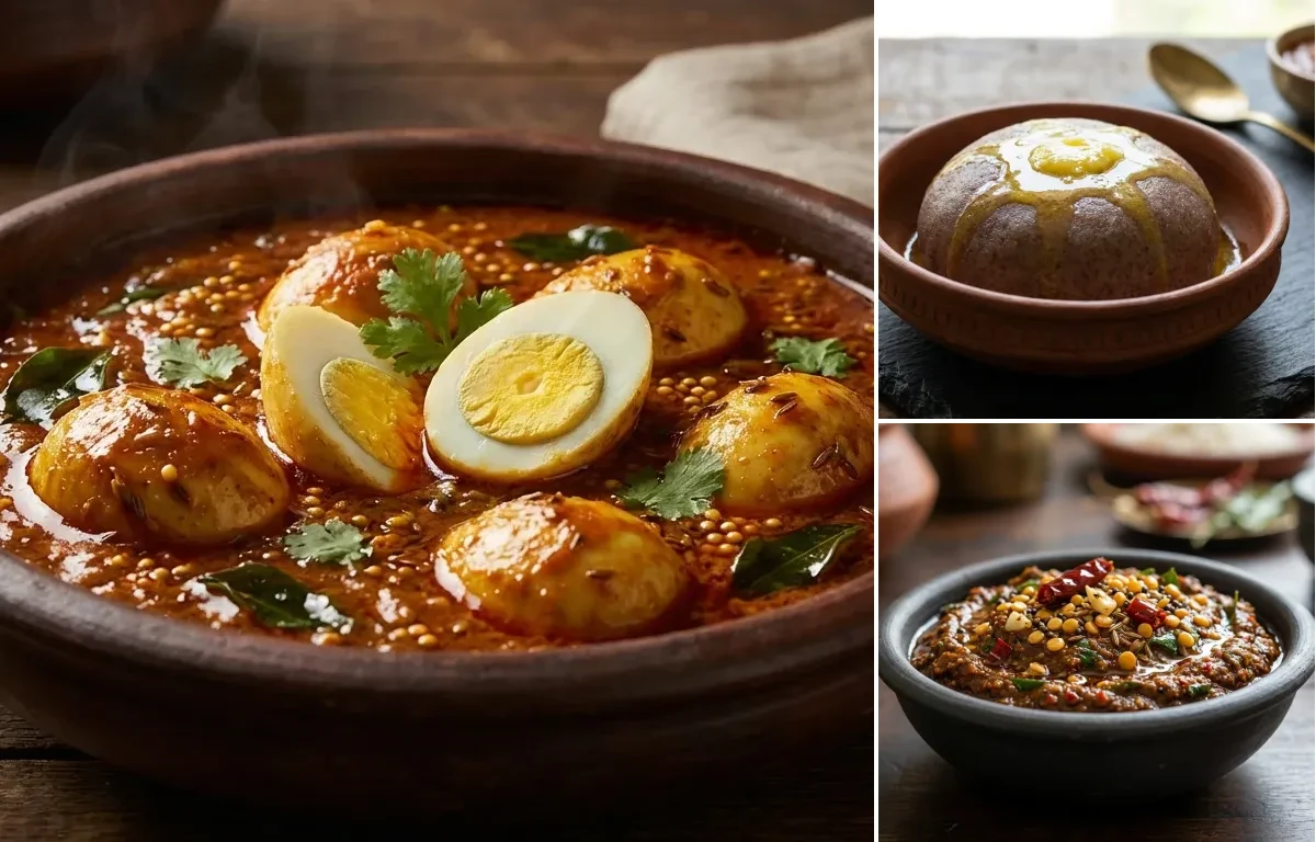 Andhra Egg Curry with Ragi Sankati and Gongura Chutney