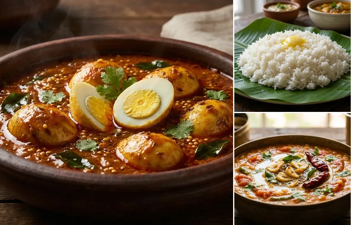 Andhra Egg Curry with Steamed Rice and Tomato Pappu
