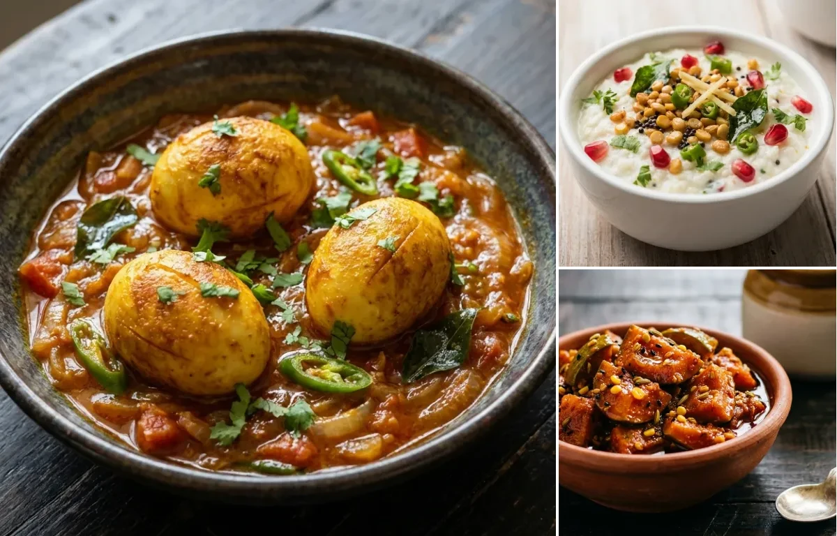 Andhra Egg Iguru with Curd Rice and Mango Pickle