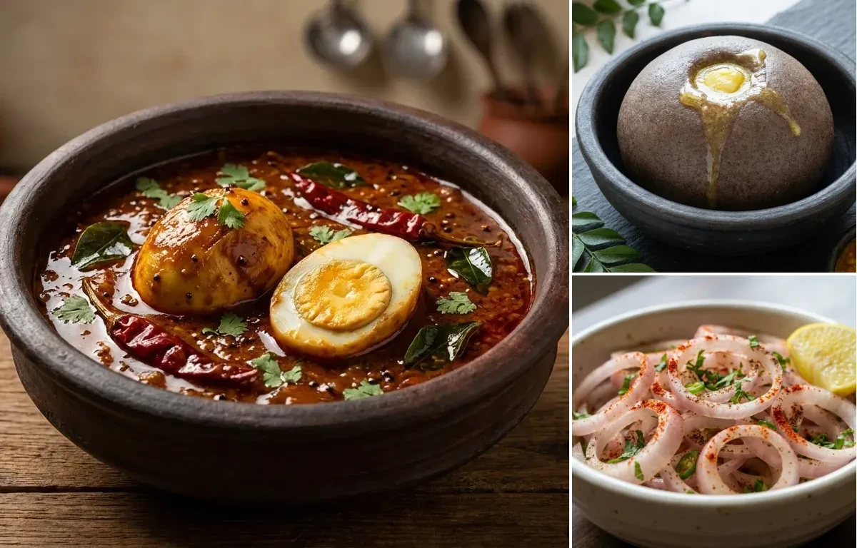 Andhra Egg Pulusu with Ragi Sangati and Laccha Pyaaz