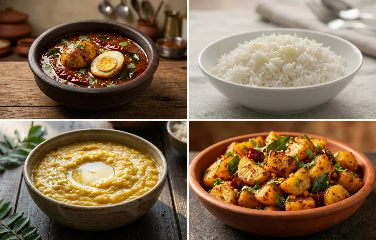 Andhra Egg Pulusu with Steamed Basmati Rice, Mudda Pappu and Aloo Vepudu