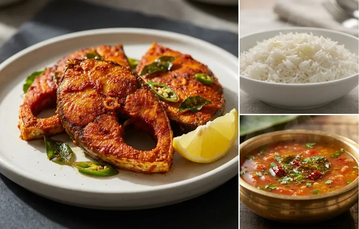 Andhra Fish Fry with Steamed Basmati Rice and Tomato Rasam