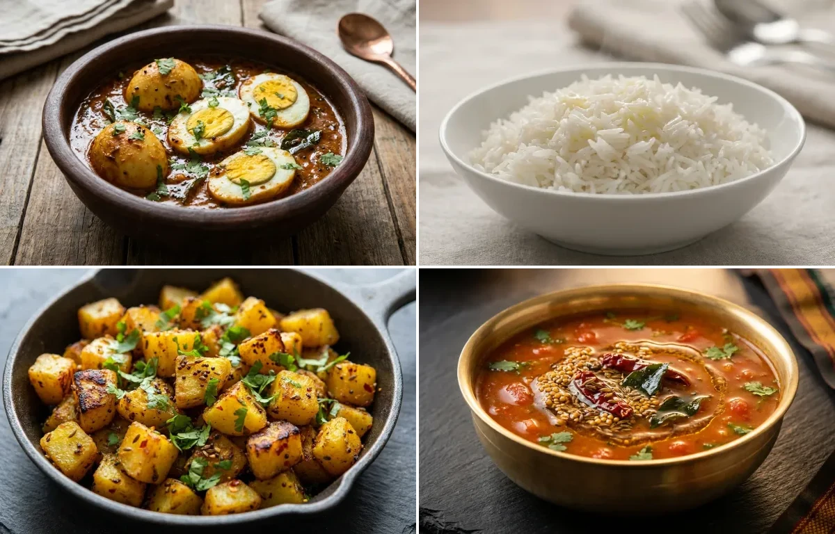 Andhra Guddu Pulusu with Steamed Basmati Rice, Aloo Fry and Tomato Charu