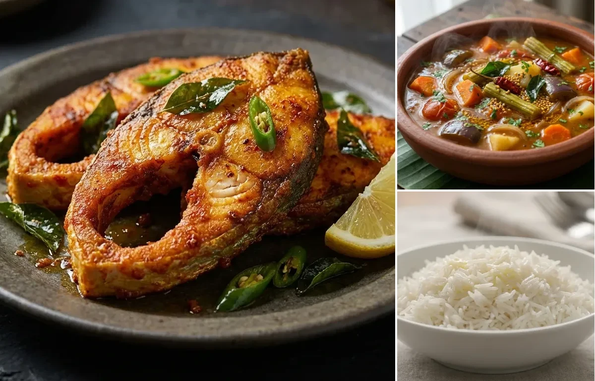 Andhra King Fish Fry with Vegetable Sambar and Steamed Basmati Rice