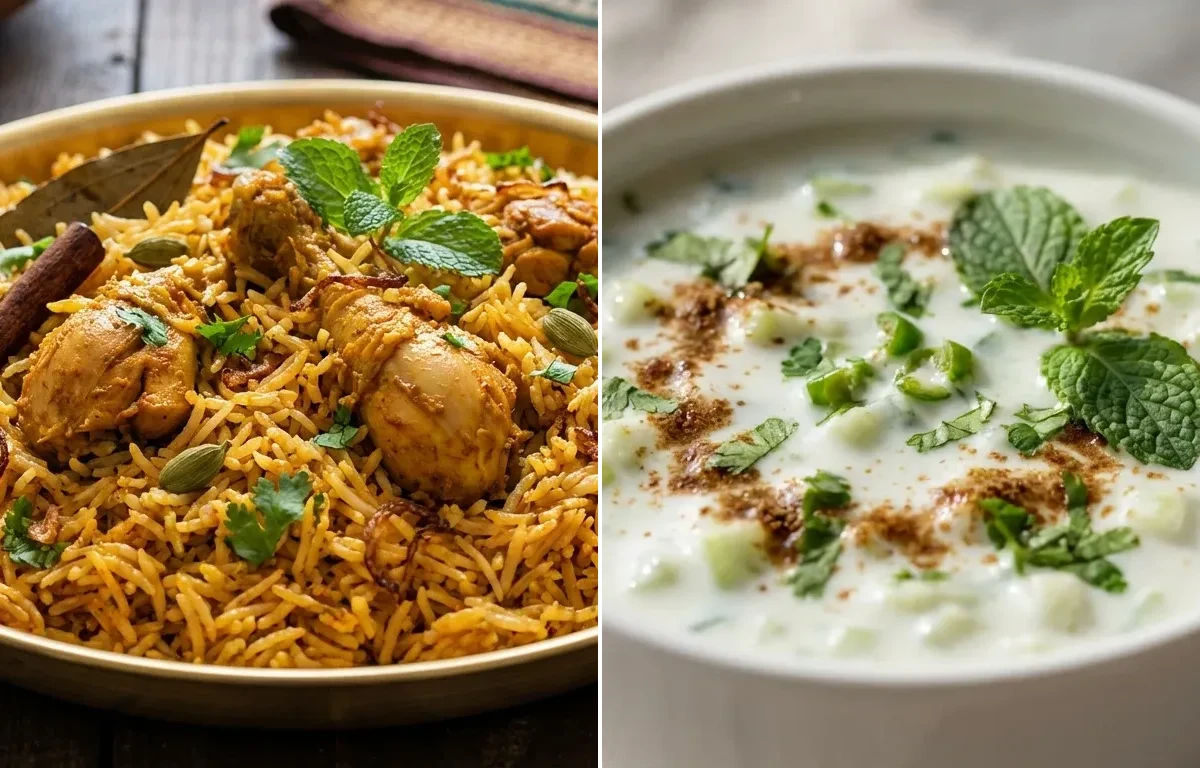 Andhra Kodi Pulao with Cucumber Raita