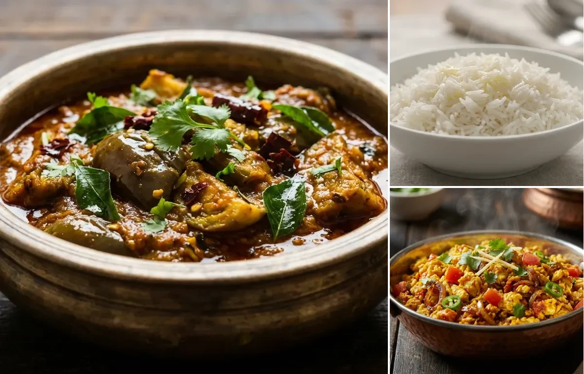 Andhra Vankaya Kura with Steamed Basmati Rice and Anda Bhurji