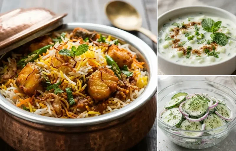 Anjal Fish Biryani with Cucumber Raita with Cucumber Salad