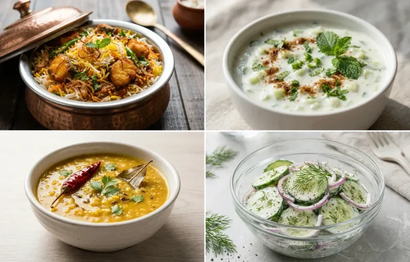 Anjal Fish Biryani with Cucumber Raita with Moong Dal with Cucumber Salad