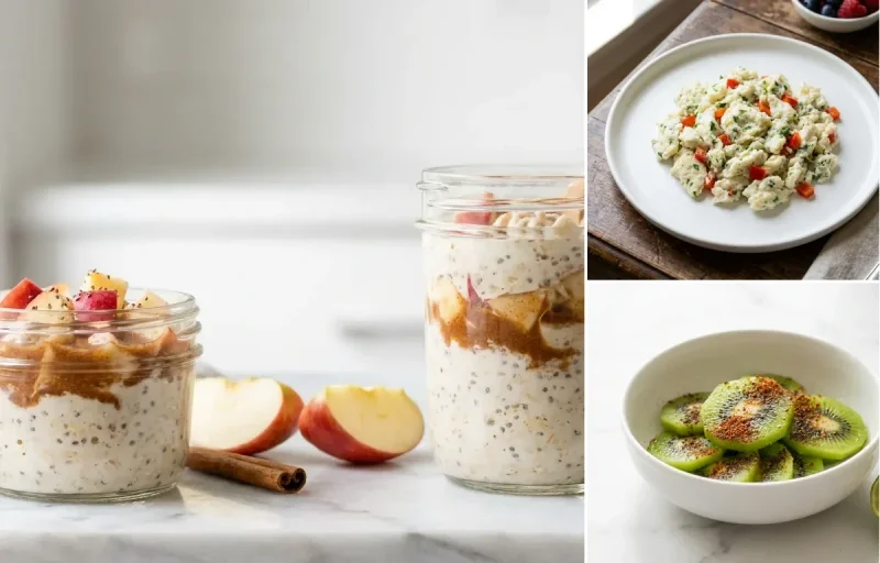 Apple Cinnamon Overnight Oats with Scrambled Egg Whites with Kiwi Chaat
