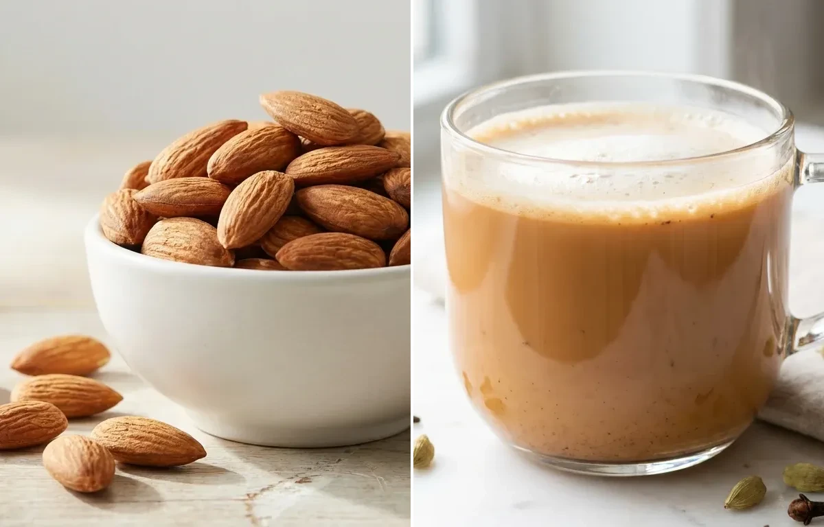 Apple Slices with Handful of Almonds with Masala Chai