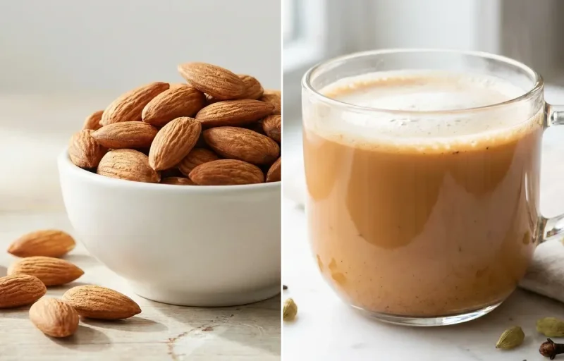 Apple Slices with Handful of Almonds with Masala Chai