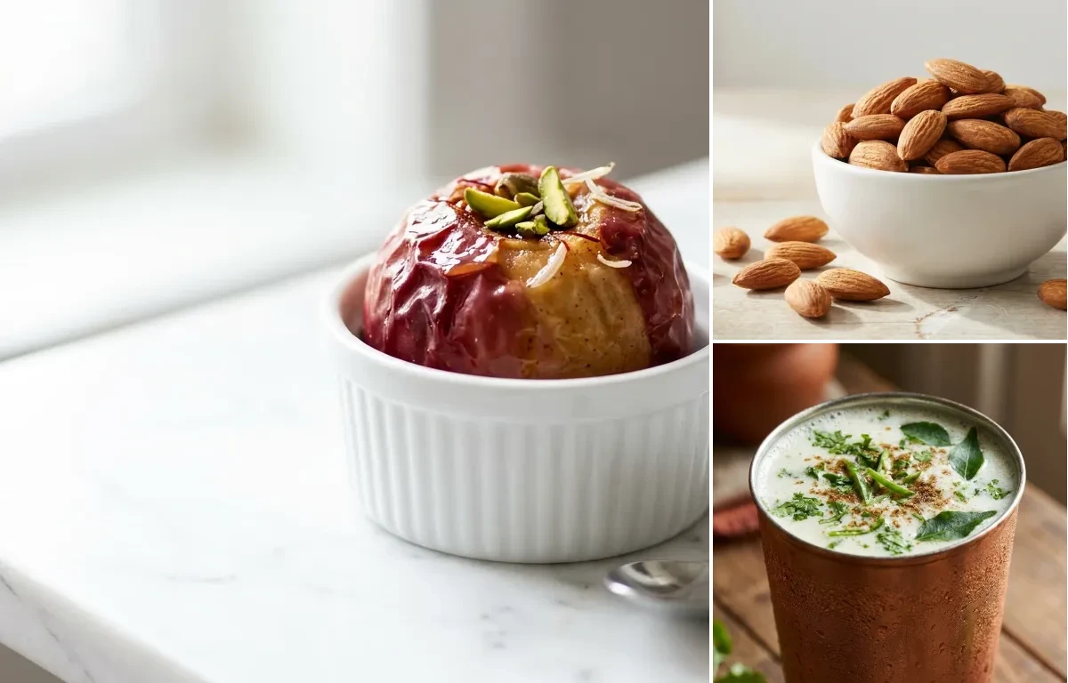 Apple with Handful of Almonds with Chaas